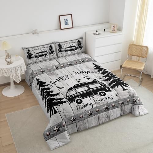 Happy Camping Comforter Set Camper Bedding Set,Rustic Farmstyle Queen Grey