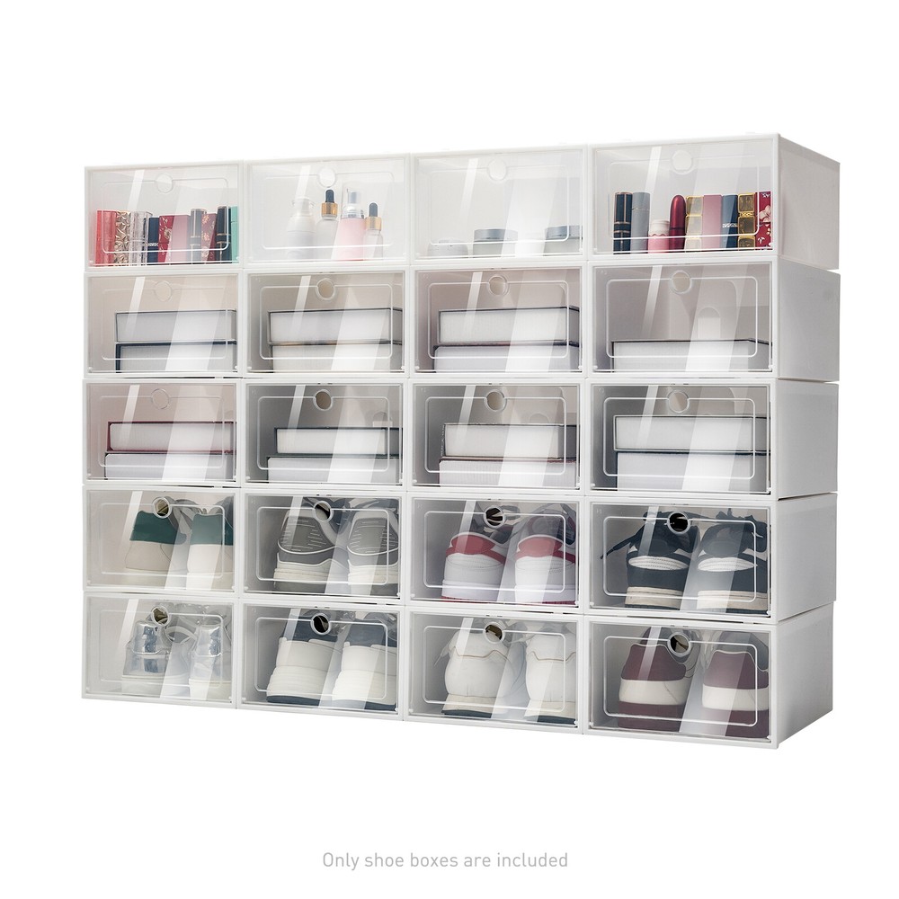 20pcs Large Plastic Shoe Storage Boxes Drawer Stackable Foldable Organiser Clear