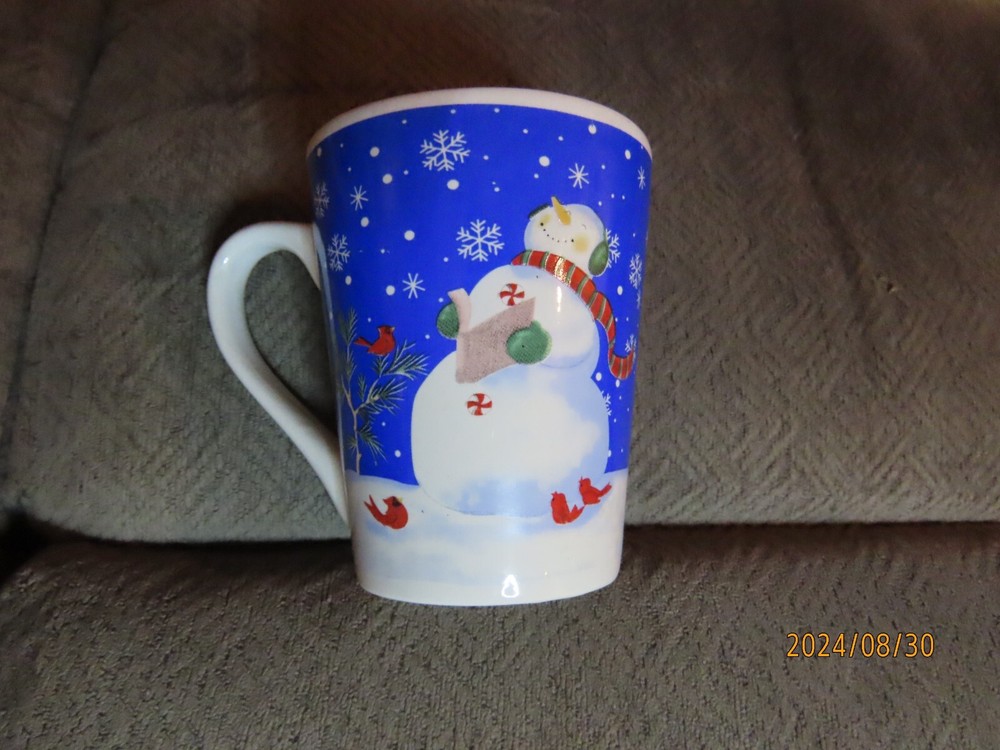 Set (6) Studio 33 7 Inch Snowman Dessert Plates and Mugs - 3 Diff Patterns