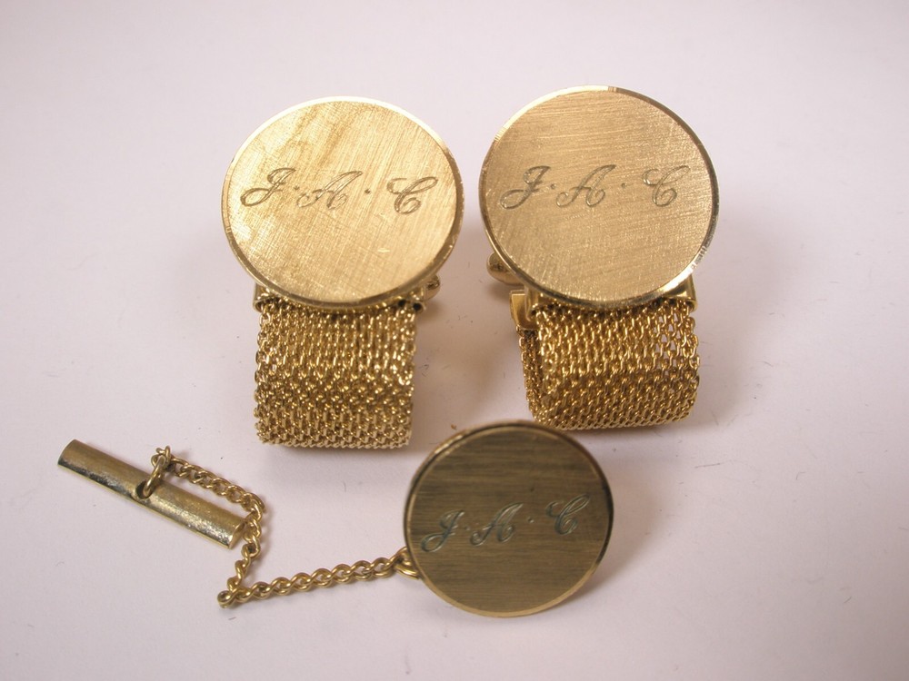 JAC Monogram Initial Letter Vintage ANSON Mesh Wraparound Cuff Links & Tie Tack