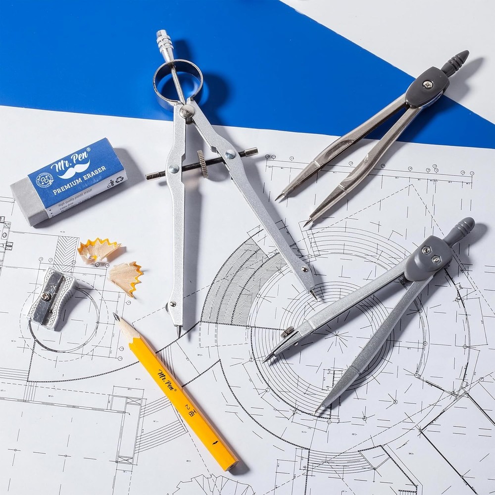 Professional Grade Geometry Set - Swing Arm Protractor & Metal Tools Included