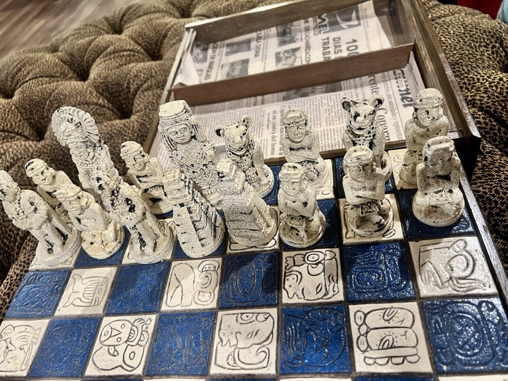 Vintage Handmade Mayan/Aztec Chess Set W/drawer - Complete- Does Not Fold