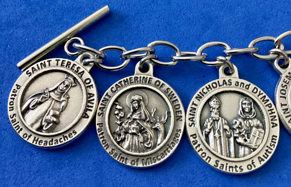 Custom Religious Catholic Saint Medal Charm Bracelet HEALING SAINTS Therese Rose