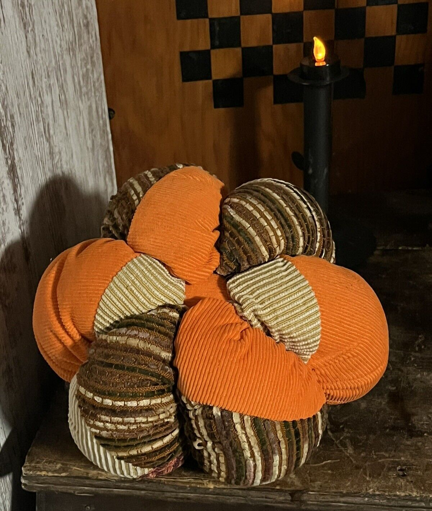 Grubby Primitive Patchwork Pumpkin Pillow Fall Halloween w Rose Advertising Tag