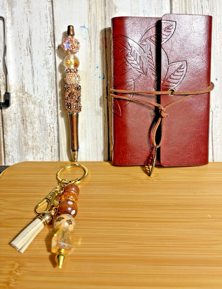 HANDCRAFTED BEADED PEN , key chain & NOTE PAD SET