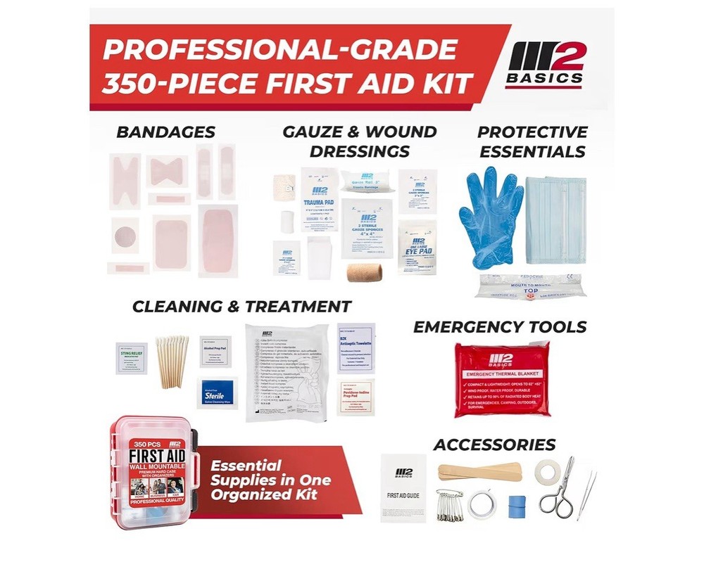 M2 Basics 350pc First Aid Kit Wall Mount Hard Case Home Car Emergency