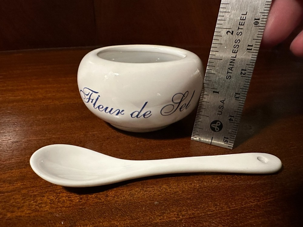 Fleur de Sel Ceramic Salt Cellar w Spoon White Blue Script