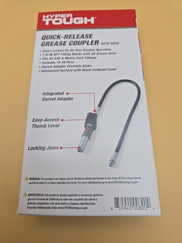 Hyper Tough Quick Release Grease Coupler With 18” Hose New
