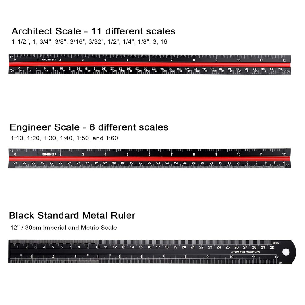 3 Pack 12 Inch Solid Aluminum Triangular Architect Scale Ruler Set, 3-Colors-Gro