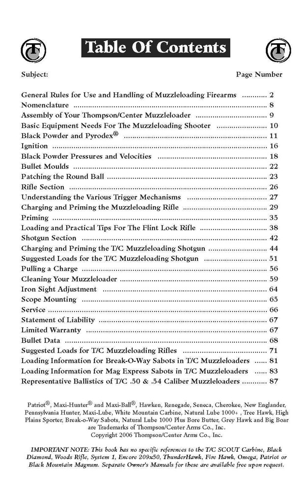 THOMPSON CENTER Side Lock Black Powder Muzzleloading Firearms Owners Manual 92pg