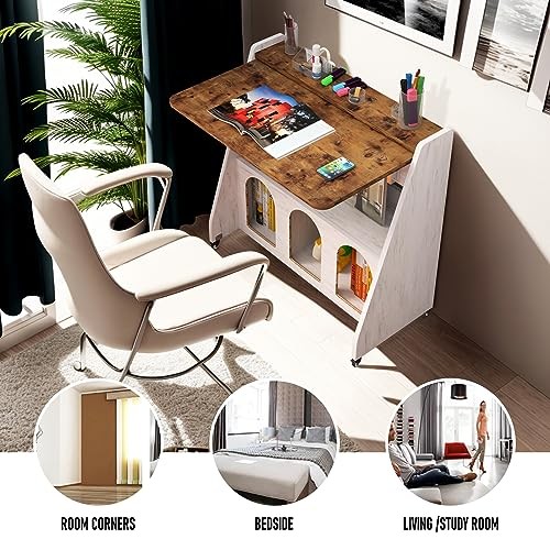 Home Office Desk with Wheels,Multipurpose Mobile Rustic Brown