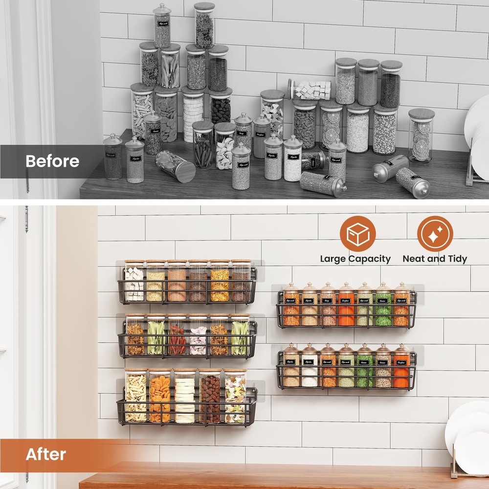 Mystozer 6 Pack Wall Mounted Spice Rack Storage Organizer for Jars Space-Saving