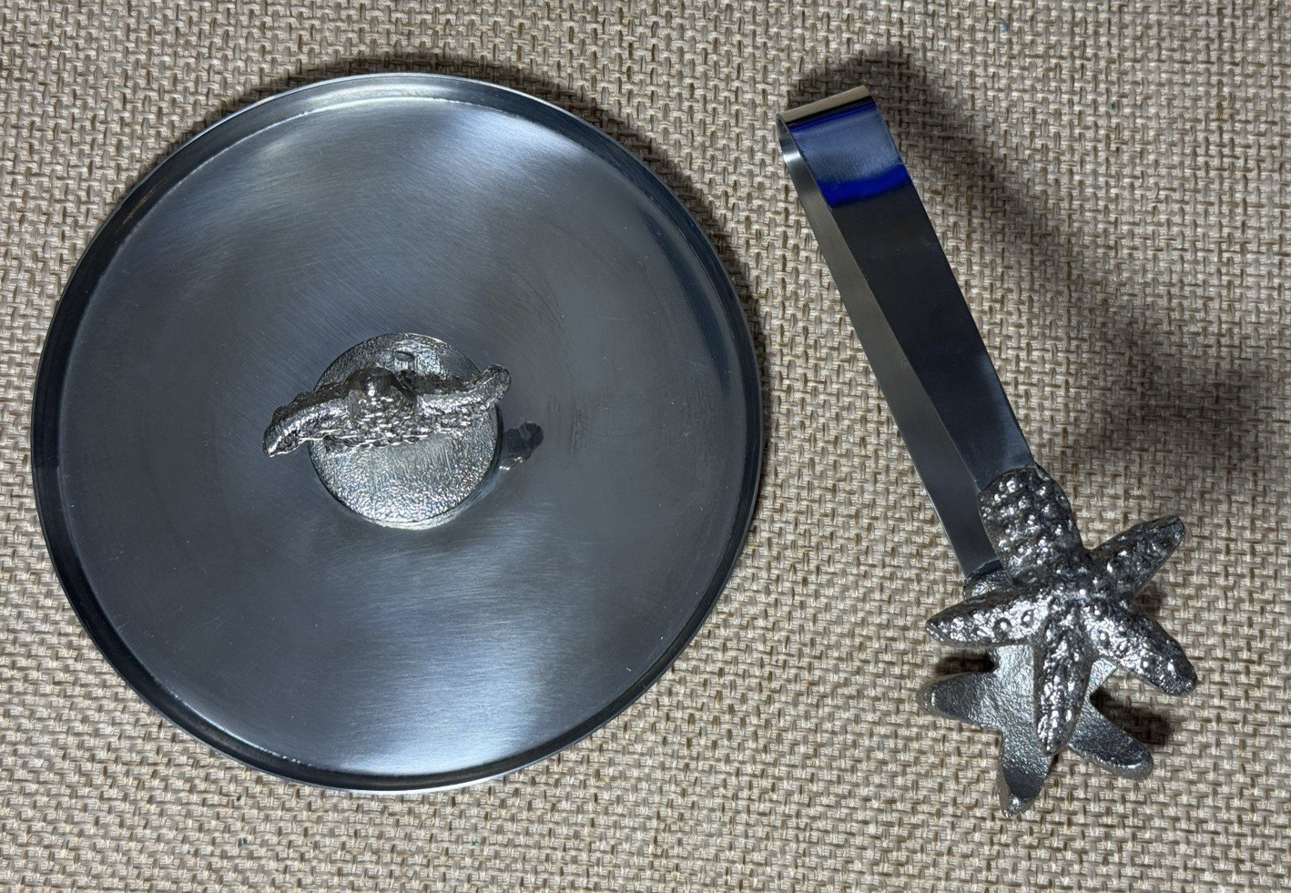 Pier 1 Starfish Ice Bucket Seahorse Stainless Steel Lid Ice Tongs Coastal Decor