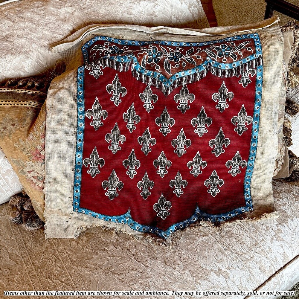 Fine Antique Beadwork Needlepoint Fire Screen Panel, Unused. French Fleur de Lys