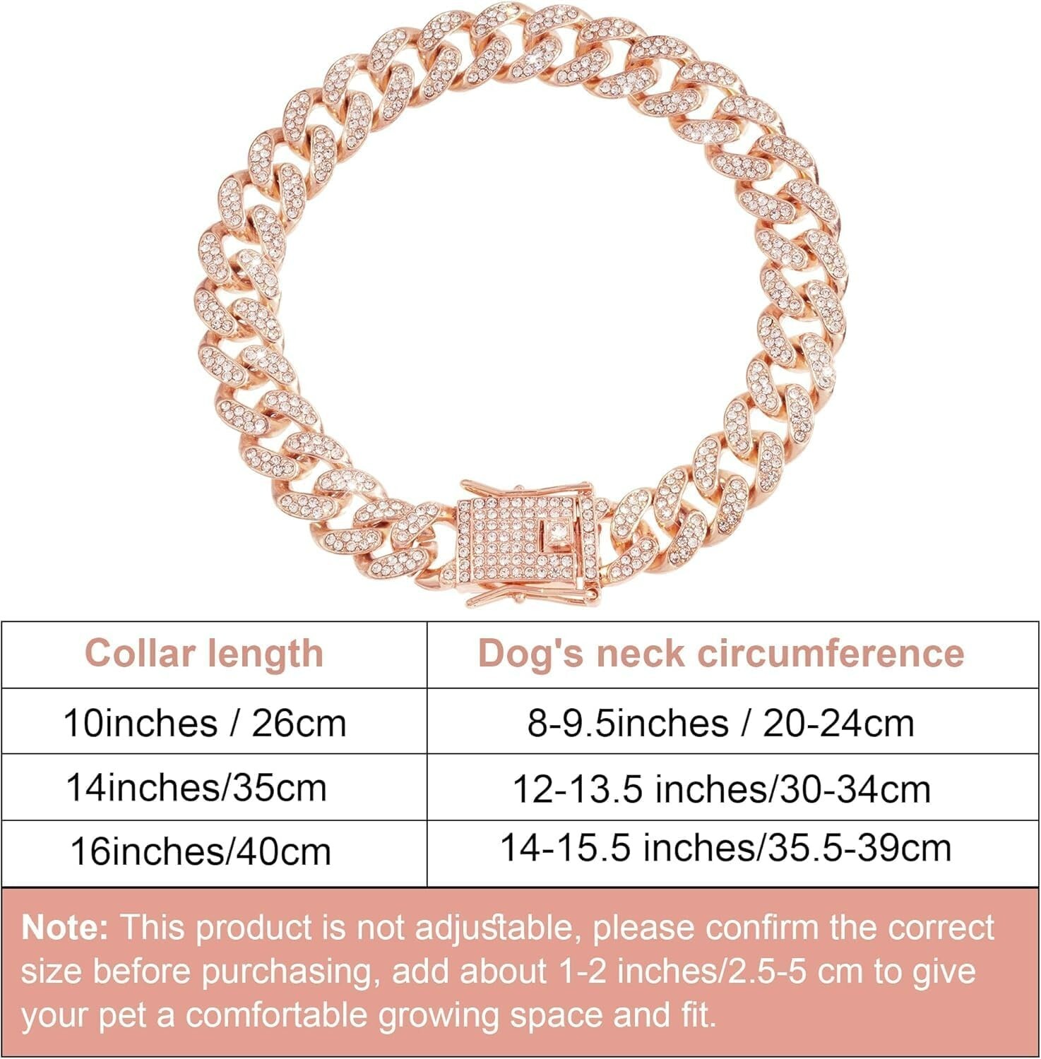 Rose Gold Bling Cuban Link Dog Collar Diamond Rhinestone Necklace Cat Kitten Pup