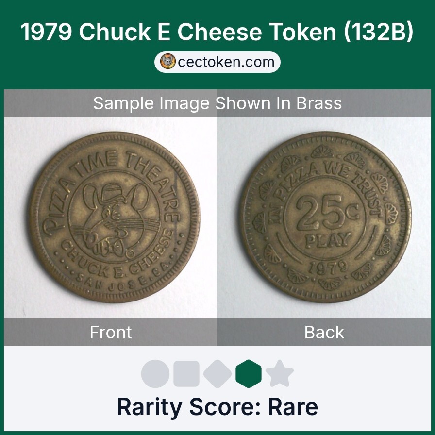 1979 Chuck E Cheese Token (132B) Pizzatime Theatre San Jose, CA Brass 25mm Rare