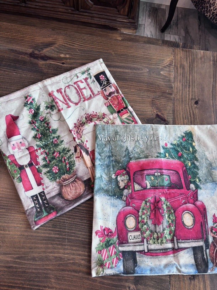 2 Linen Blend Christmas Throw PillowCase, Square Covers. Santa, Nutcracker