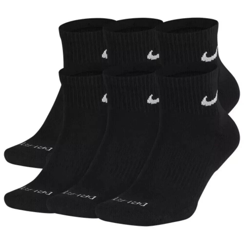 Nike Everyday Plus Cushion Ankle Drifit UNISEX  Socks, LARGE- Black- 6 Pair