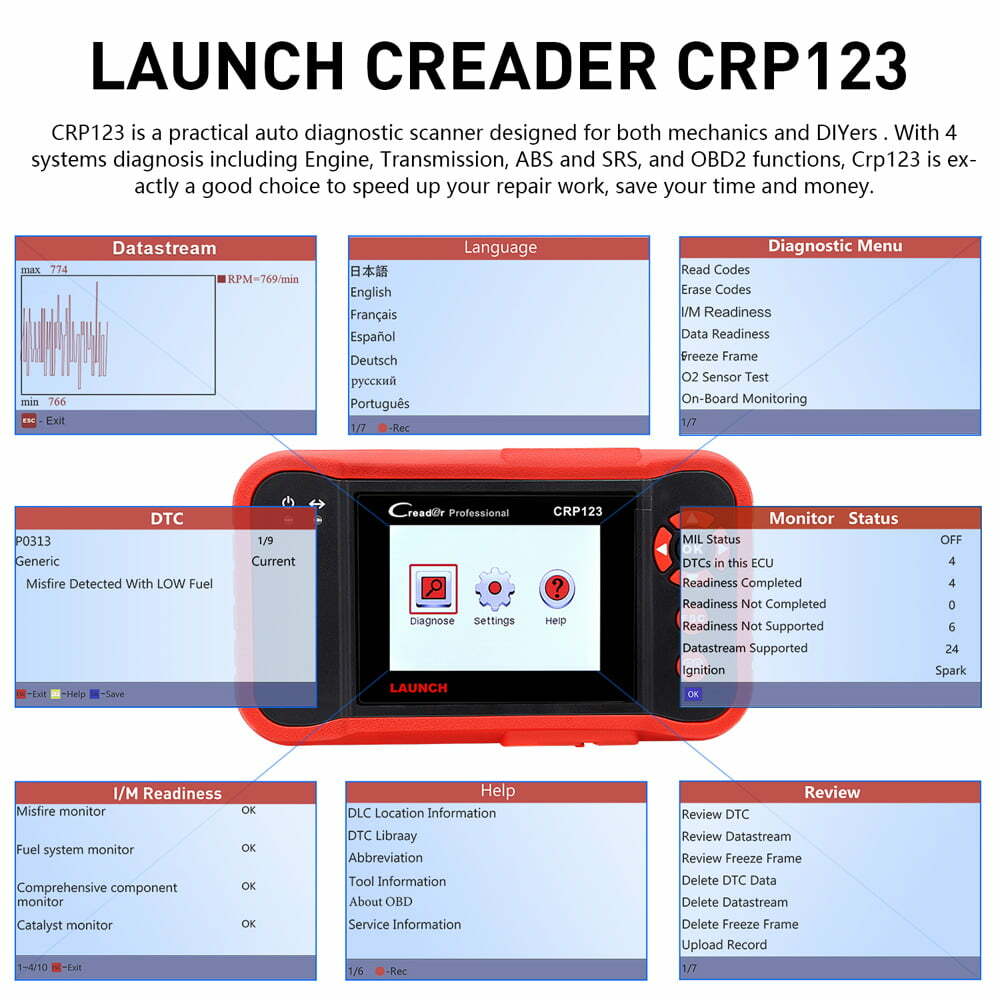 LAUNCH CRP123 OBD2 Car Diagnostic Scanner Tool Code Reader Check Engine ABS SRS