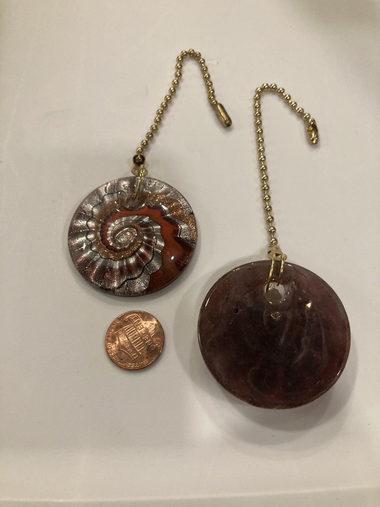 ORANGE SILVER ART GLASS CEILING FAN SWITCH PULL GLITTER VORTEX SWIRL LARGE PAIR