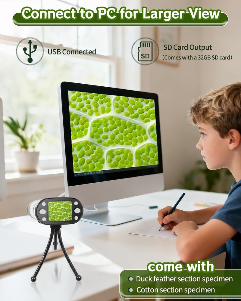 1000X Handheld Microscope for Kids, 2.0" Screen Pocket Microscope, Adjustable LE