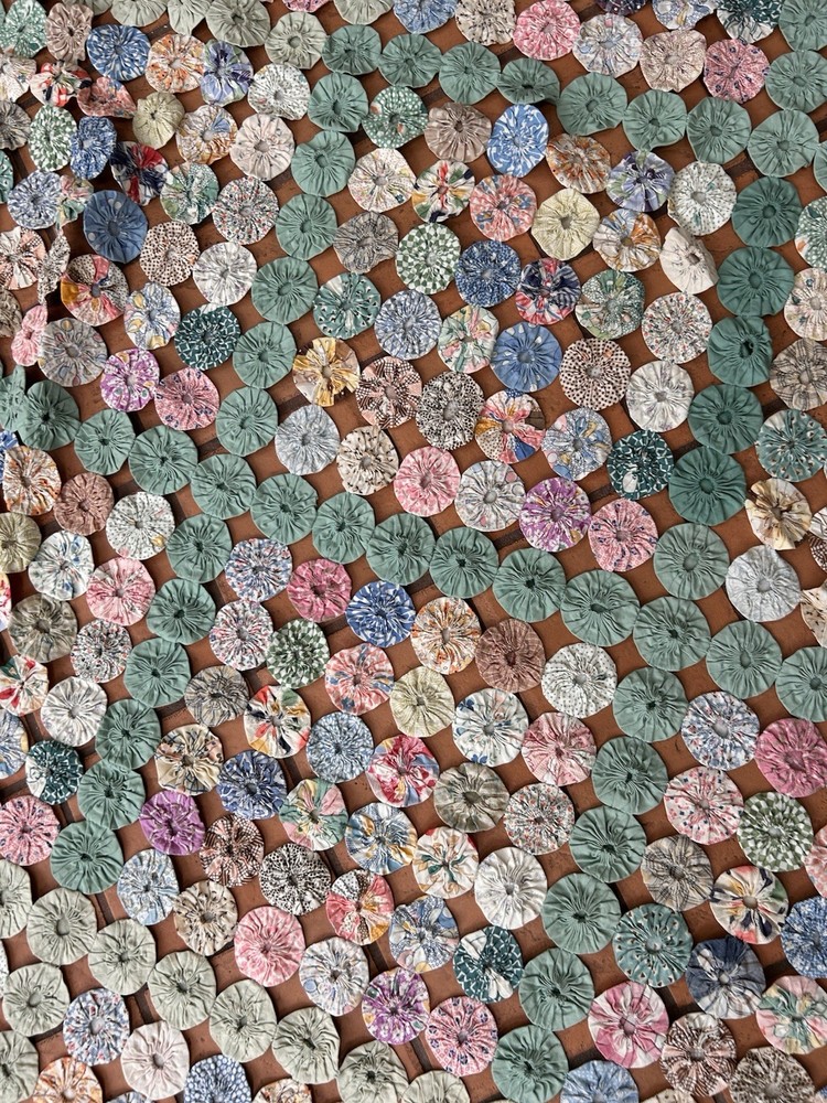 Antique Handmade Yo-Yo Quilt 64x94 Bedspread Patchwork Cottagecore