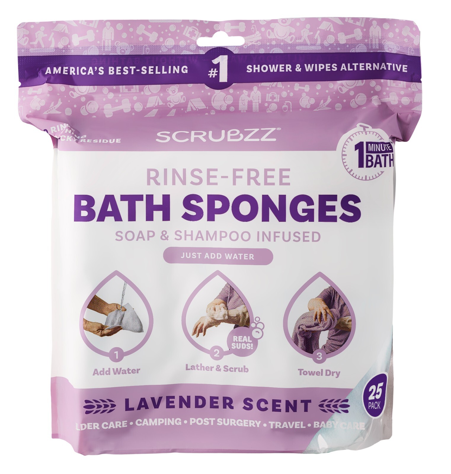 Scrubzz Disposable Rinse Free Bathing Sponges - Lavender, 75 Count