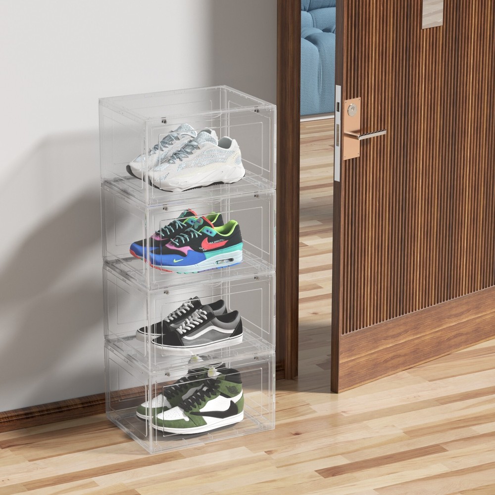 Large 6 Pack Plastic Stackable Shoe Organizer with Magnetic Door, Clear