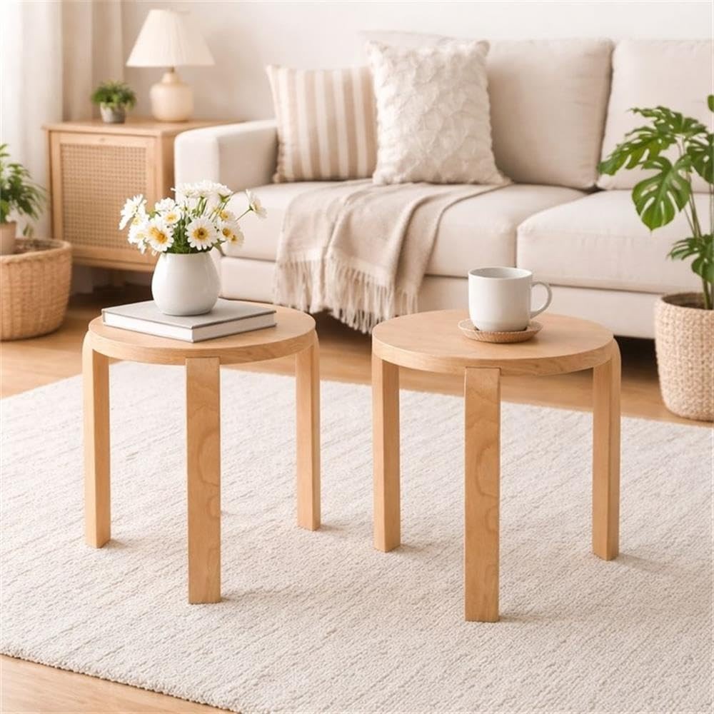 Mateo Round Backless Stacking Stools - Set of 2 - Blonde Oak