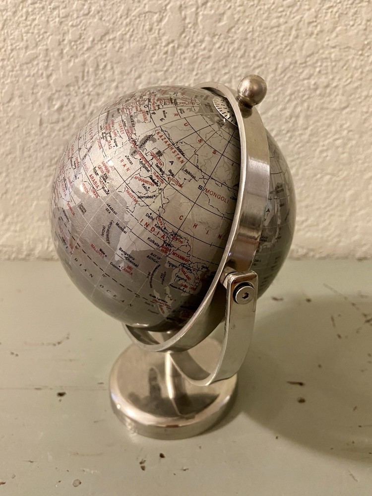Metal Chrome World Globe Map Rotating  Desktop Decor 8” Tall