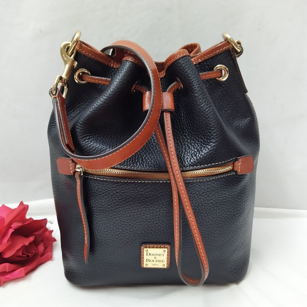 Dooney & Bourke Black Pebbled Leather Drawstring Bucket Satchel Shoulder Bag