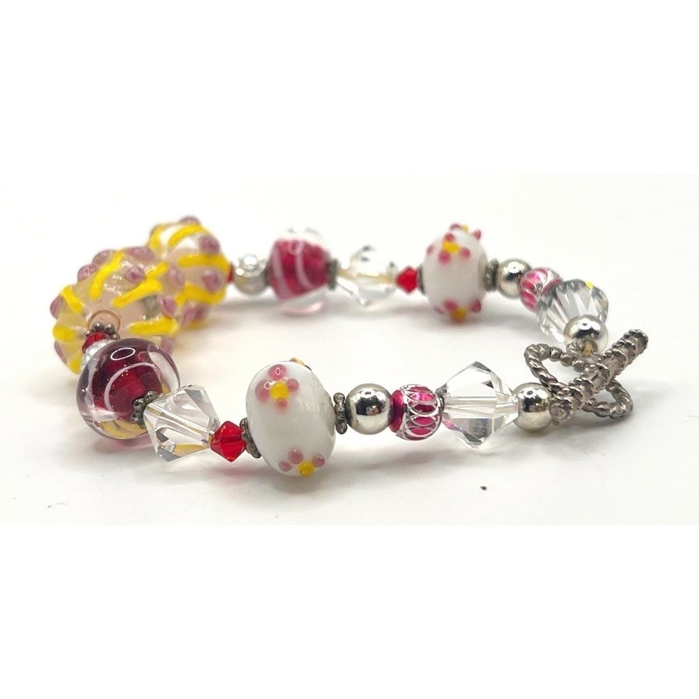 Lampwork Floral Glass Bead Bracelet Toggle Clasp Red Yellow White Statement