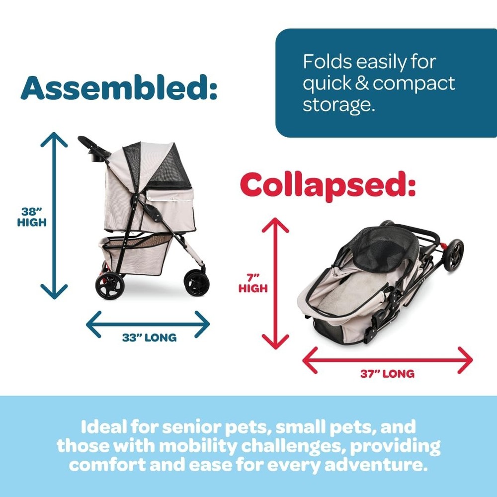 Lightweight Khaki Pet Stroller with Adjustable Canopy, Cup Holder & Brake System