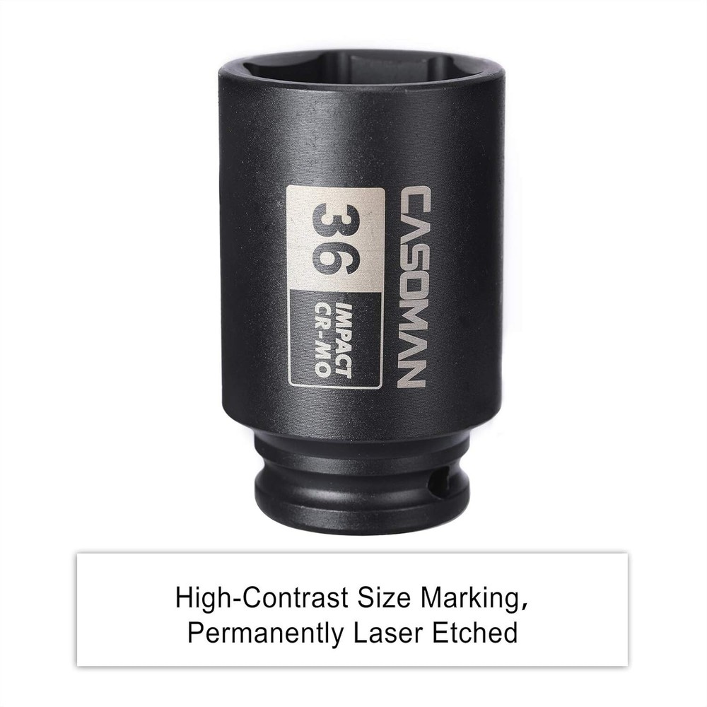 1/2" Drive X 36 Mm Deep 6 PT Impact Socket, CR-MO, Drive 6 Point Axle Nut Socket