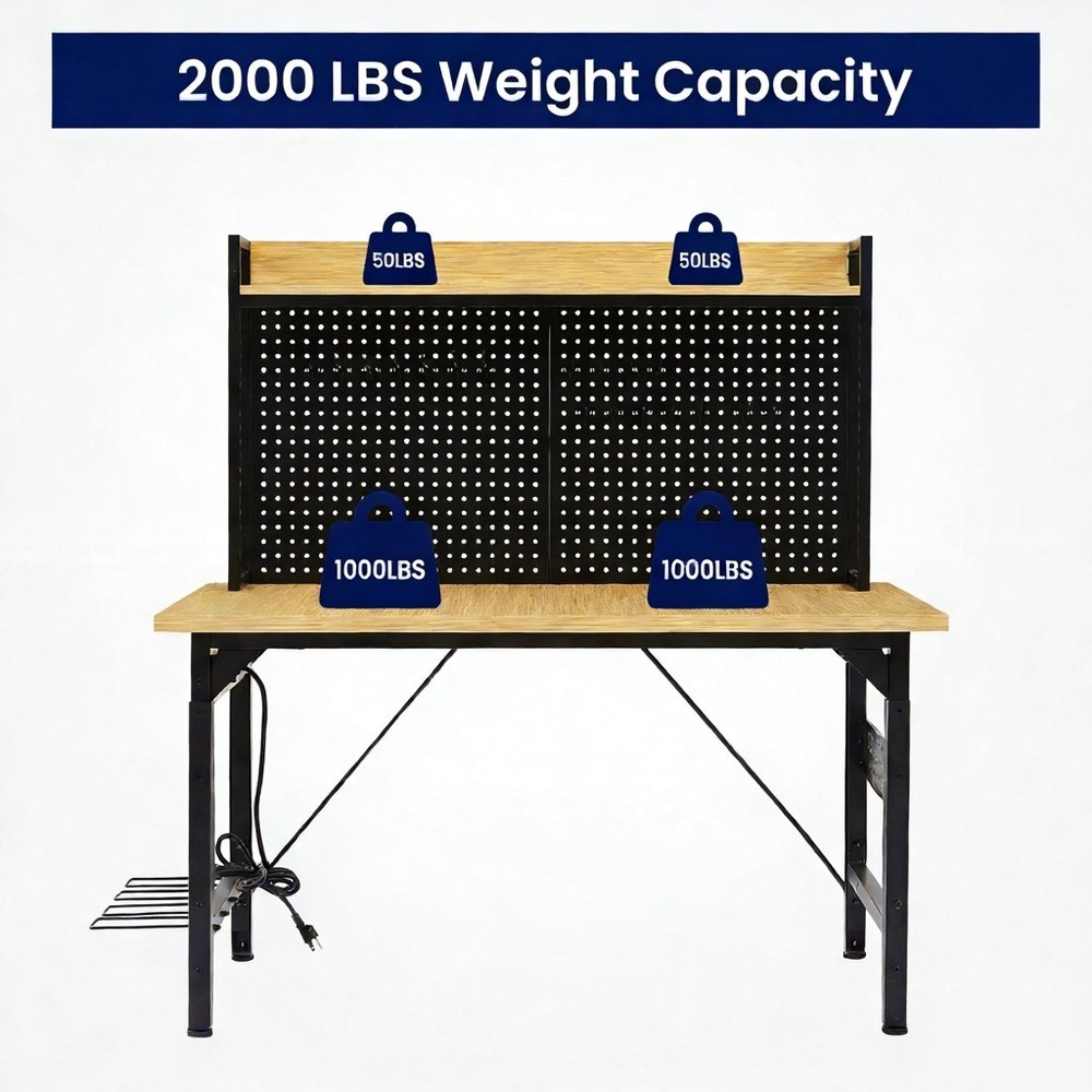 48" Adjustable Rolling Workbench w/ Pegboard Shelf AC/USB Outlet for Workshop