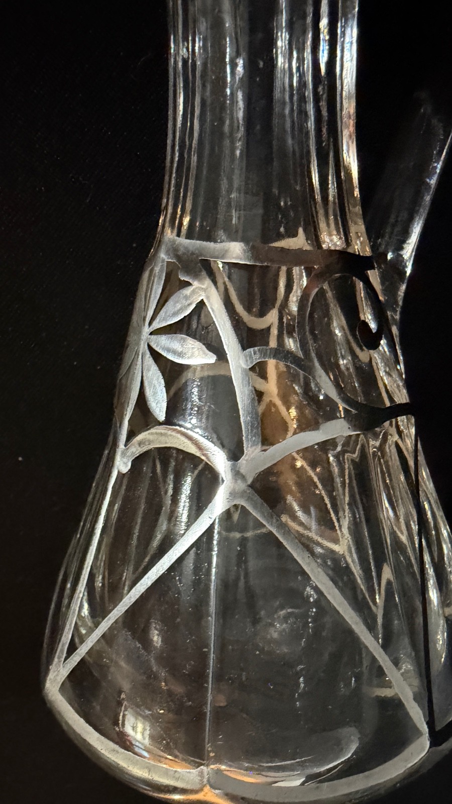 Antique Art Nouveau Sterling Overlay Glass Cruet Bottle w Stopper 6.5"