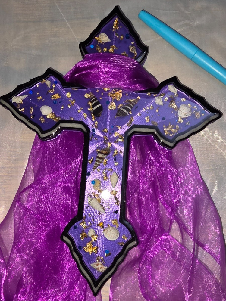 Handmade Cross Wall Decor 9x6+ GITD Goldflake & Seashells Authentic Gift W/Drape