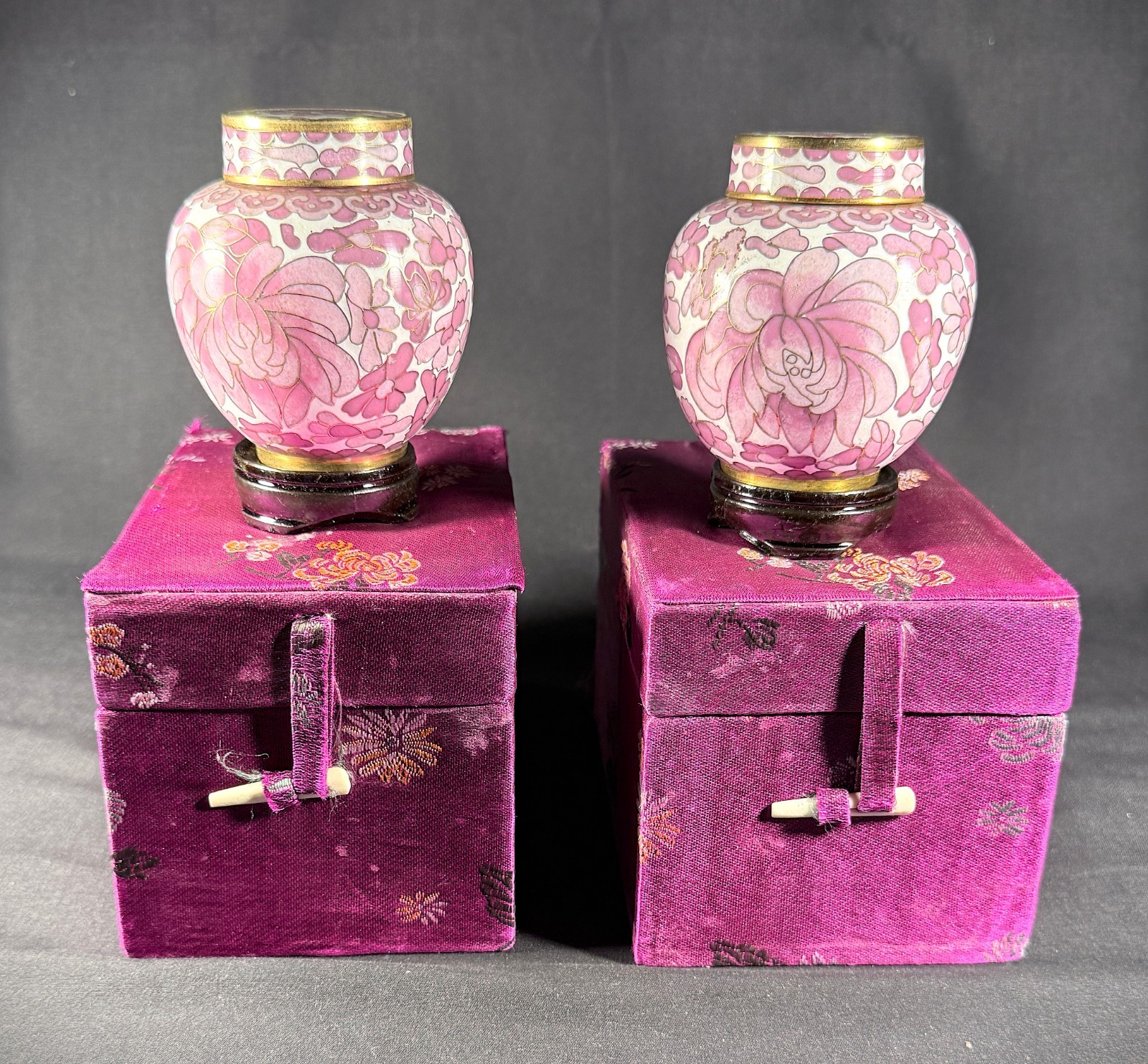 Vintage Cloisonné Mini Ginger Jar Pair Pink Floral w/ Lids Stands Box