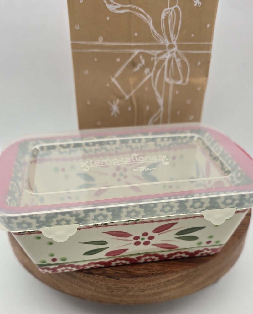 Temptations Christmas Pattern 12 oz Baking Mini Loaf Pan Butter Dish Plastic Lid