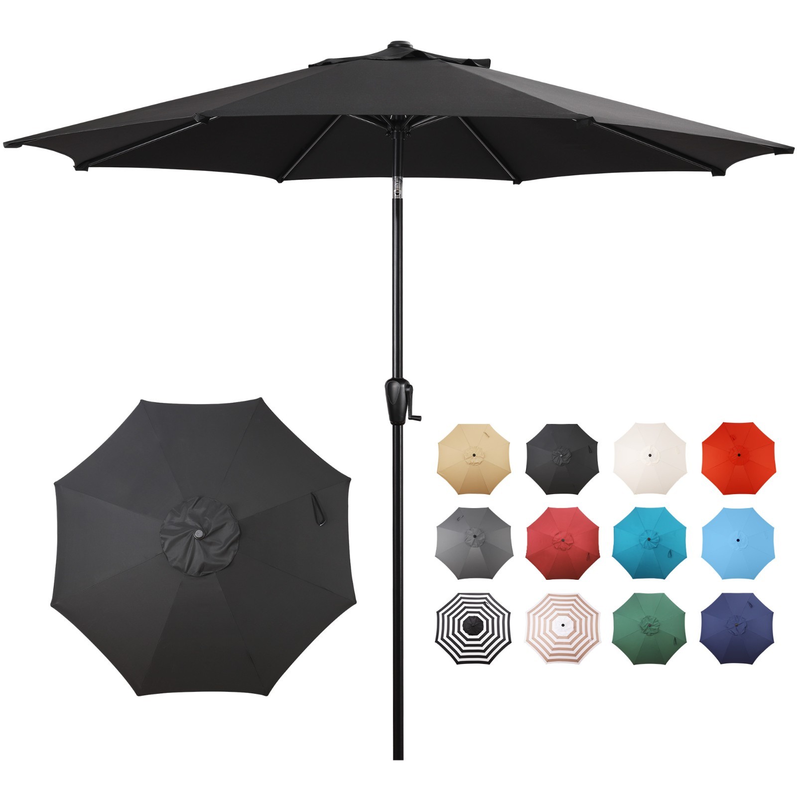 Sun-Ray 9' Round Patio Umbrella with Push-Button Tilt & Crank Lift, Multi Colors