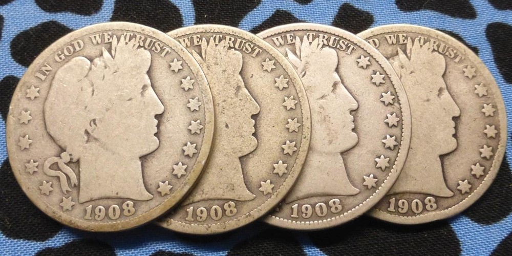 4 Barber Silver Half Dollars, 90% Silver Coins, 1908, 1908 D, 1908 O, 1908 S