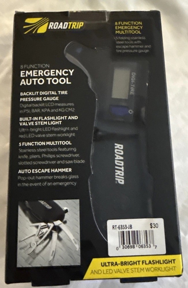 RoadTrip Emergency Auto Tool Kit Flash Light Tire Pressure 8 Function