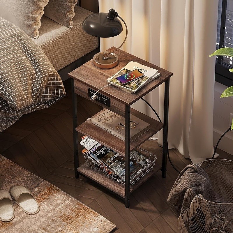 3-Tier Side Table W/ USB & AC Outlets Adjustable Shelf Ideal Small Spaces