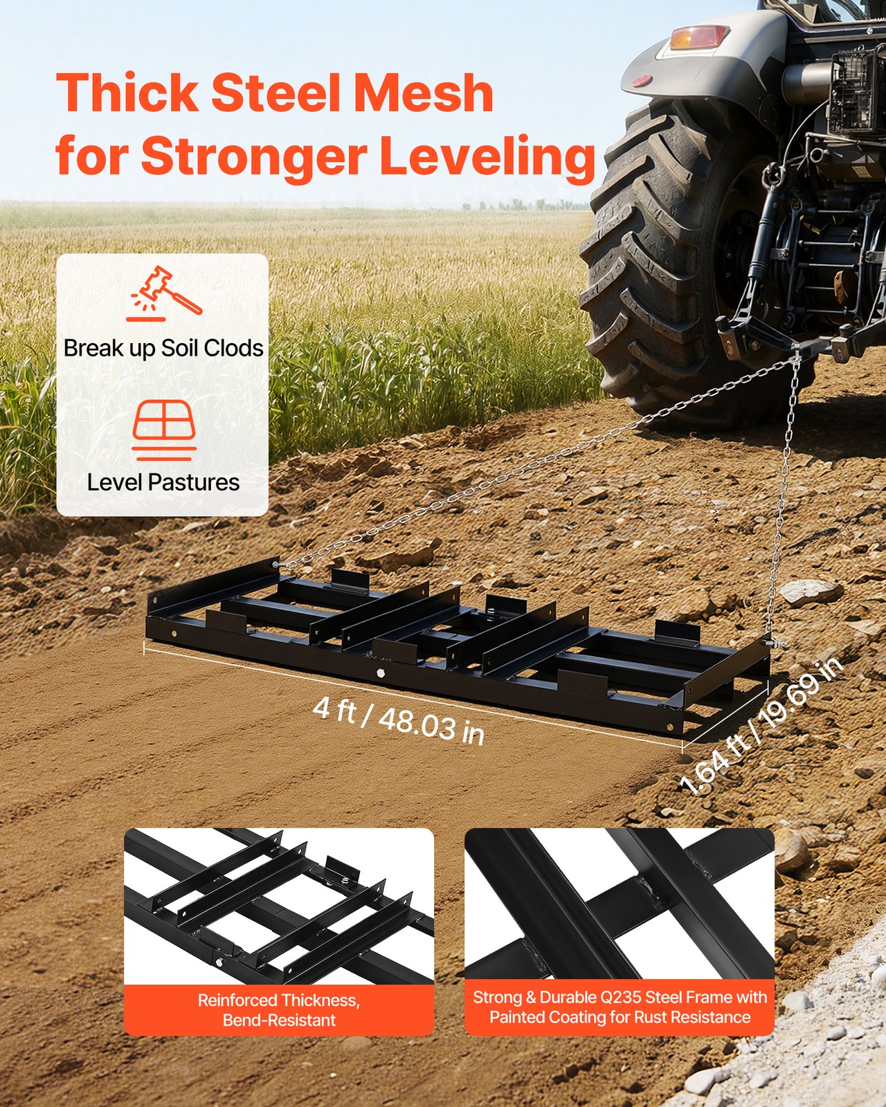 VEVOR Drag Harrow 48 x 20 in Tow-Behind Driveway Grader Fits ATVs UTVs Tractors