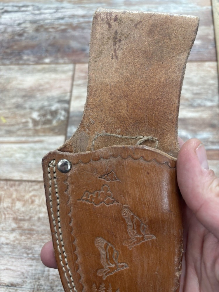 Vintage Fixed Blade Brown Leather Knife Sheath Forest Eagle Pattern