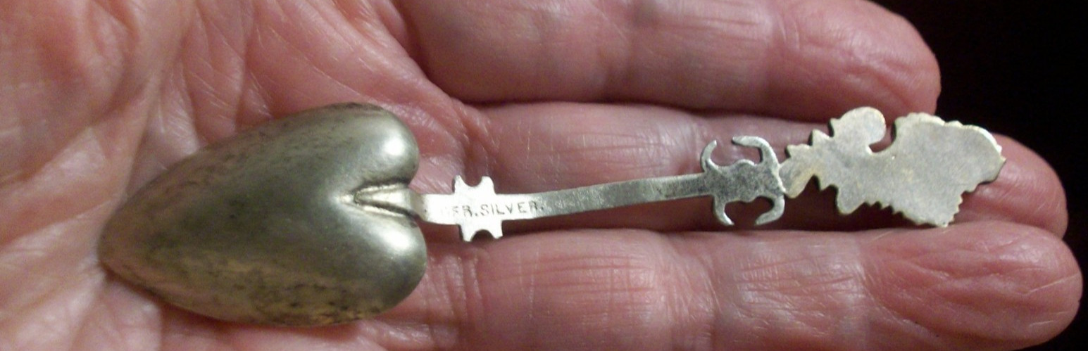 Antique German silver souvenir demitasse spoon heart bowl Queen lady handle top