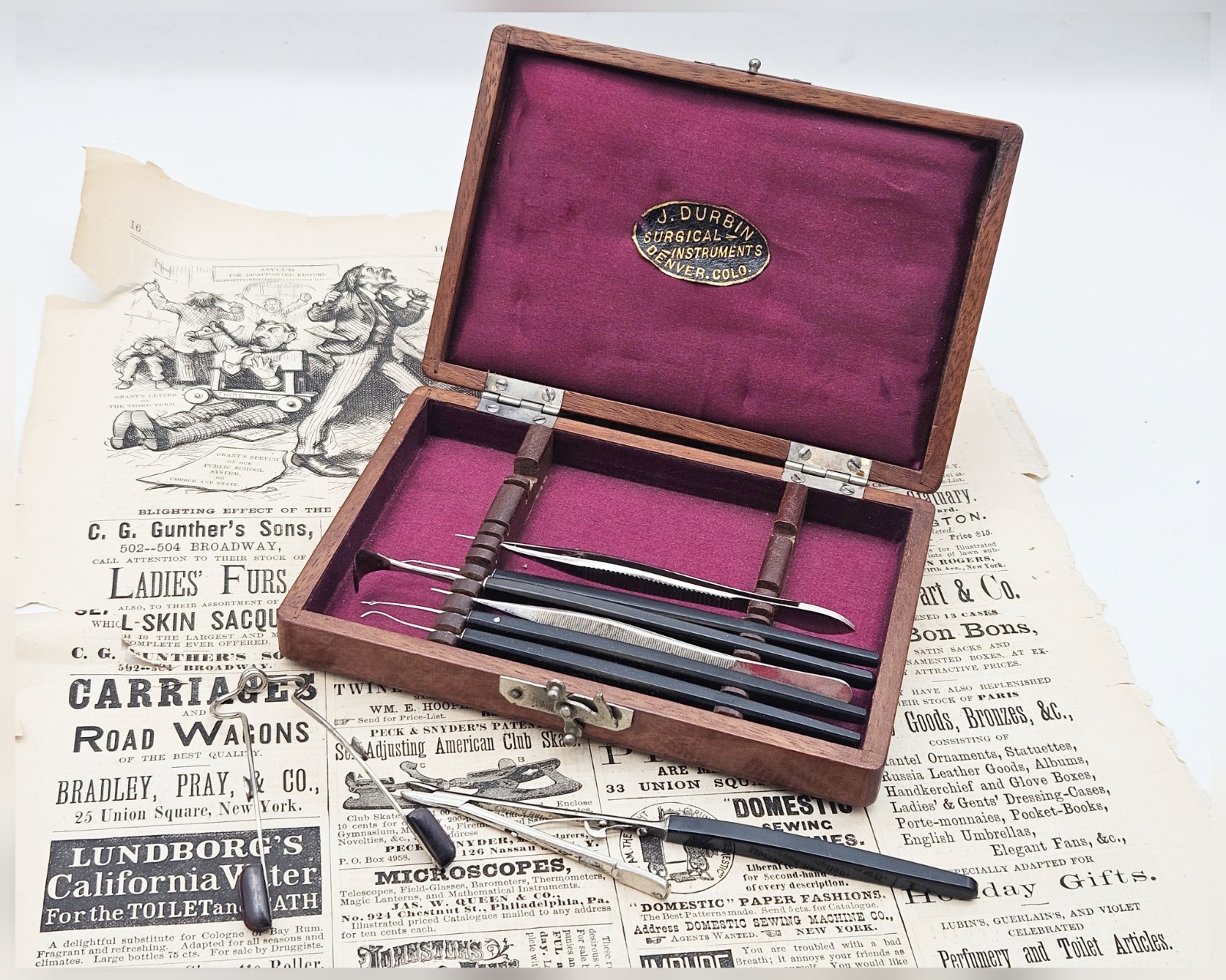 Antique Medical Eye Surgical Instruments J. Durbin Surgical Optometry Wood Rare