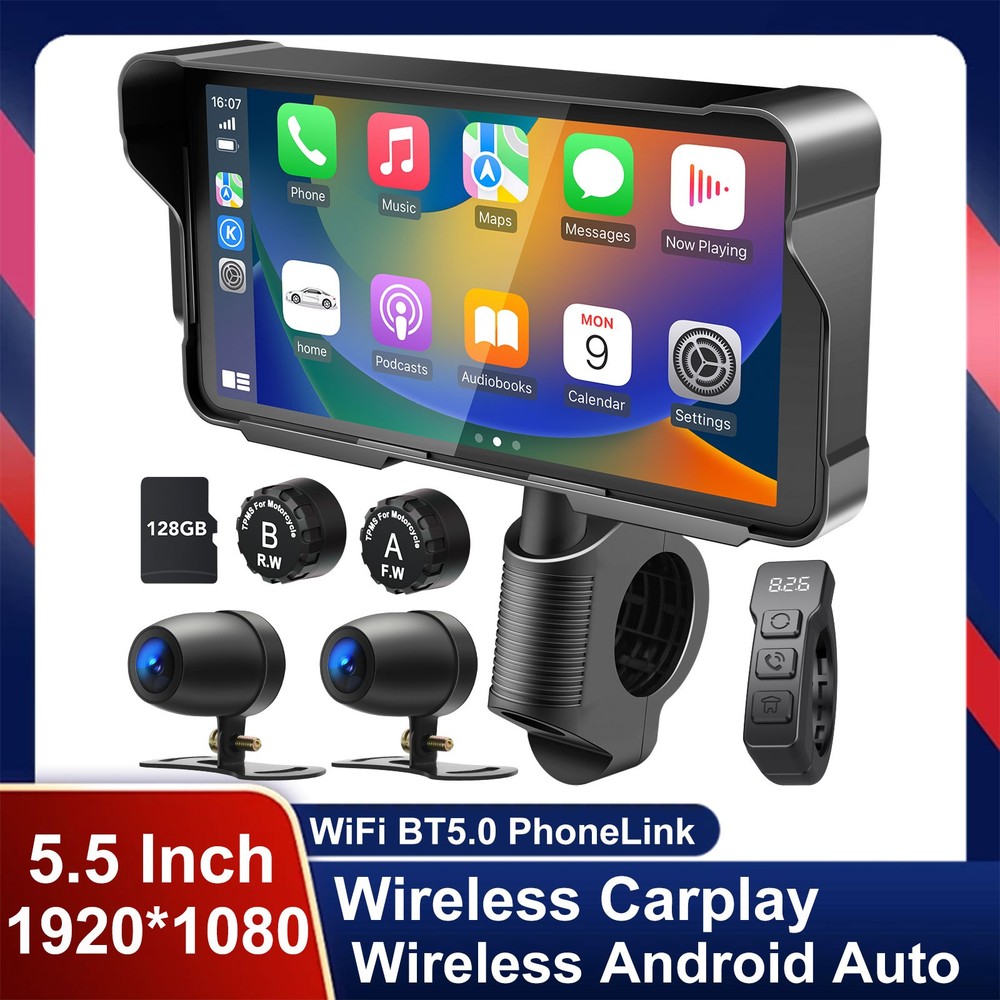 5.5" Motorcycle DVR Dash Cam Wireless Carplay Android Auto TPMS GPS Touch Screen