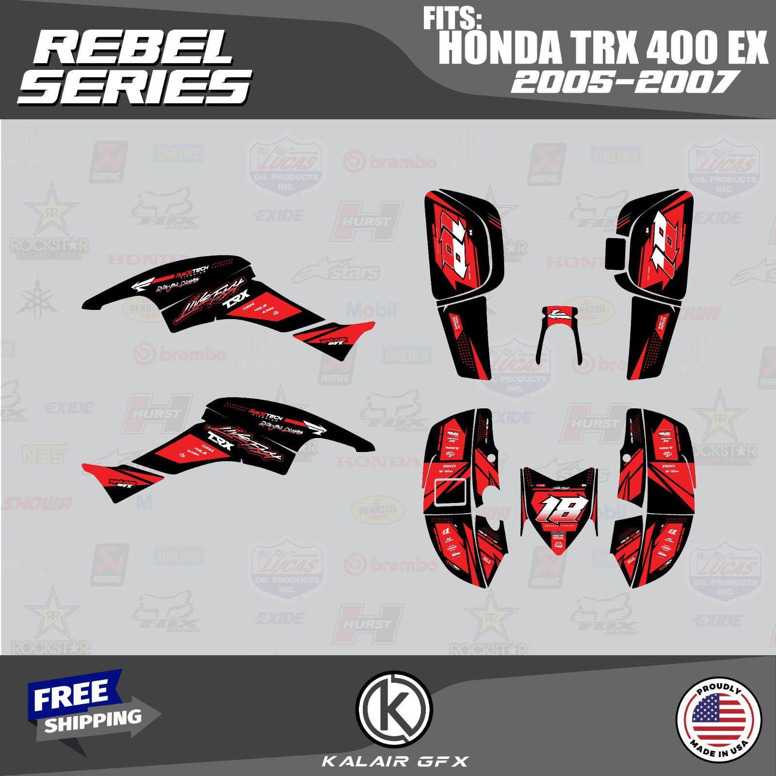 Graphics Kit for HONDA TRX400EX (2005-2007) 16MIL Rebel Series - Red Shift