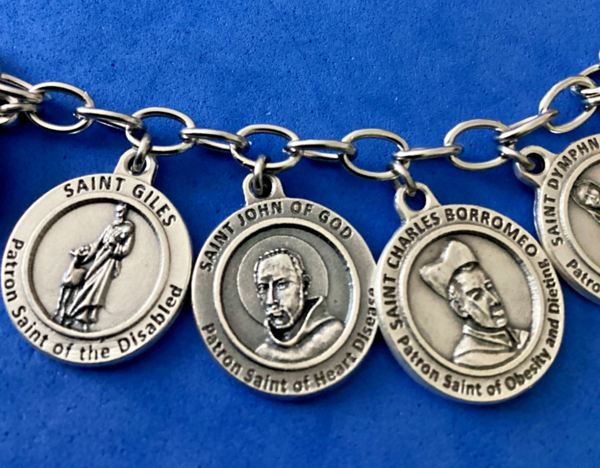 Custom Religious Catholic Saint Medal Charm Bracelet HEALING SAINTS Therese Rose